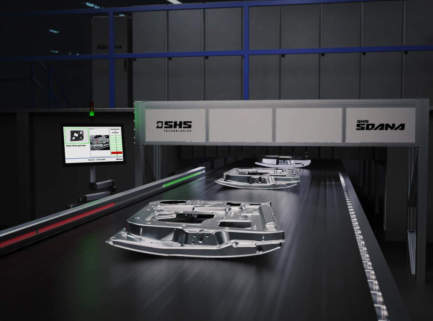Bauteile aus der Automobilindustrie liegen auf einem Auslaufband. Das Prüfsystem zur optischen Oberflächeninspektion ist über dem Band installiert und prüft die Bauteile auf Oberflächenfehler.